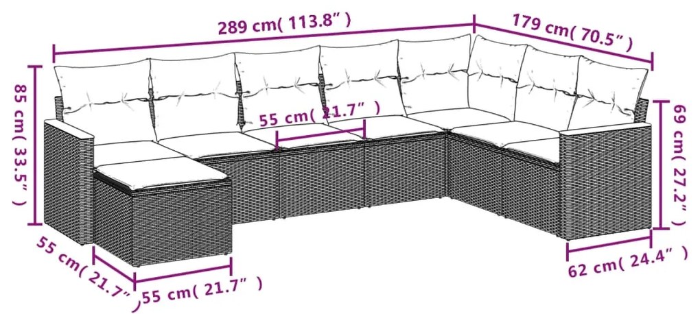 8 pcs conjunto sofás de jardim c/ almofadões vime PE cinzento