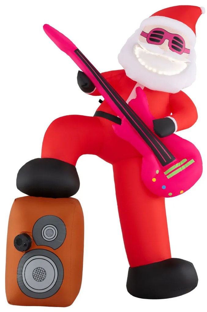 Pai natal insuflável animado pré-iluminado 110 x 50 x 180 cm a tocar guitarra com música e efeito de canto com som sincronizado para interior e exteri