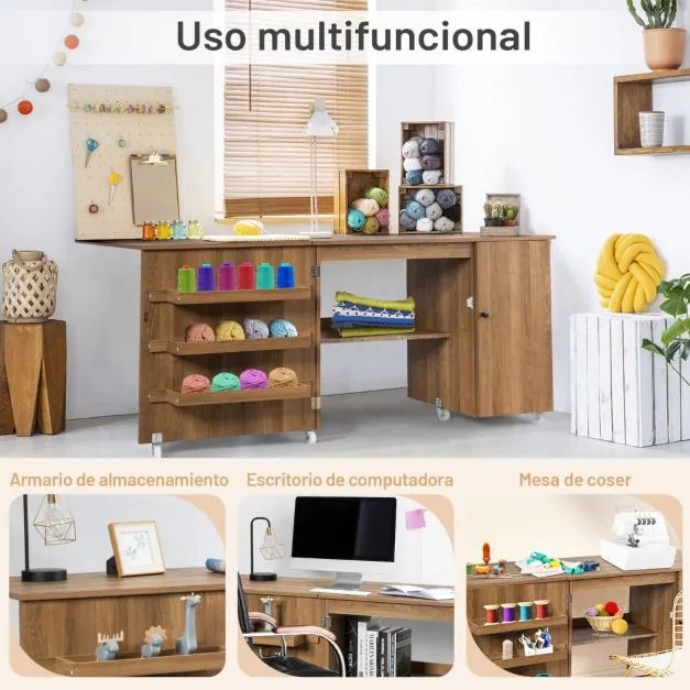 Mesa dobrável de costura rebatível com rodas bloqueáveis e armário com porta 158 x 50 x 75 cm Castanho