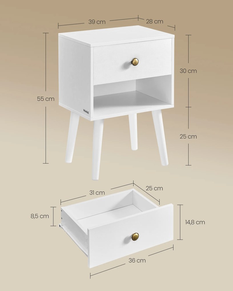 Mesa de cabeçeira com gaveta e prateleira aberta 28 x 39 x 55 cm branco neve