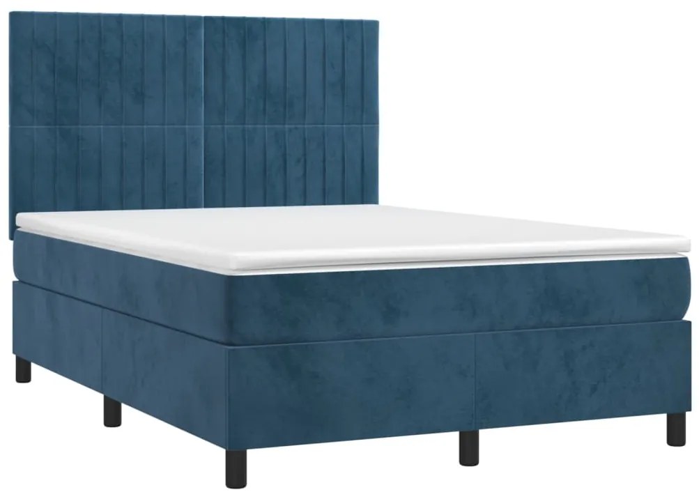 Cama box spring c/ colchão/LED 140x200 cm veludo azul-escuro