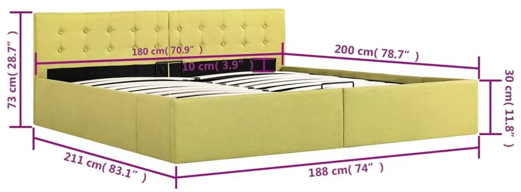 Cama hidráulica com arrumação 180x200 cm tecido amarelo-lima