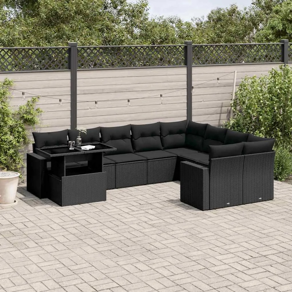 vidaXL 10 pcs conjunto sofás de jardim c/ almofadões vime PE preto