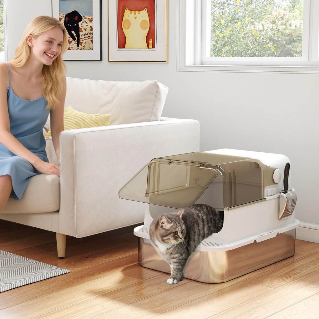 Caixa de areia fechada para gatos em aço inoxidável 70 x 50 x 46,5 cm, casa de higiene para gatos com pá, branca