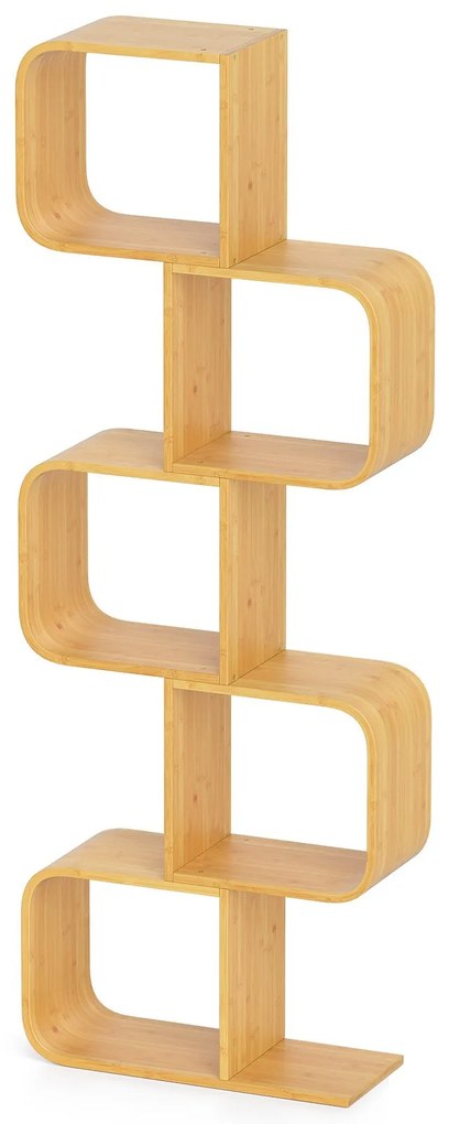 Estante em forma de S de bambu com 5 cubos abertos para sala, quarto, escritório 61 x 23 x 166 cm Natural