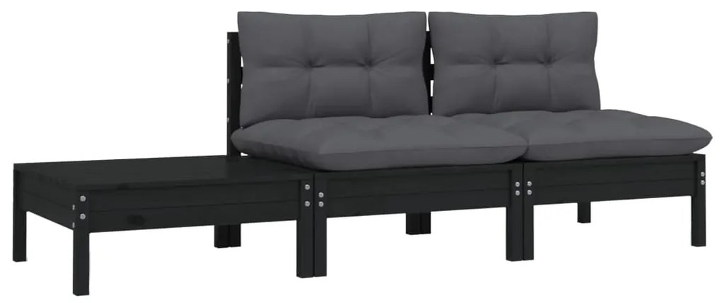 3 pcs conjunto lounge jardim c/ almofadões pinho maciço preto