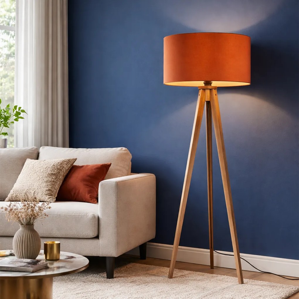 Candeeiro de pé de madeira com abajur laranja e interior dourado 50cm - Tripod Classic