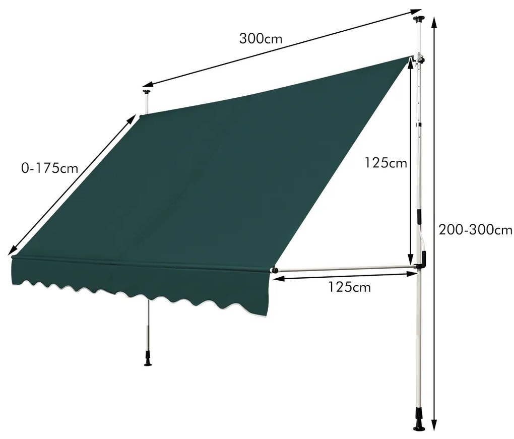 Toldo Telescópico e Retrátil 300 x 120 cm Resistente aos Raios UV Impermeável com Manivela Manual e Altura Ajustável para Janela Varanda Verde