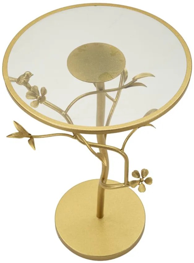 MESA DE APOIO COM PÁSSAROS, DE VIDRO Ø 38X60 CM DOURADO