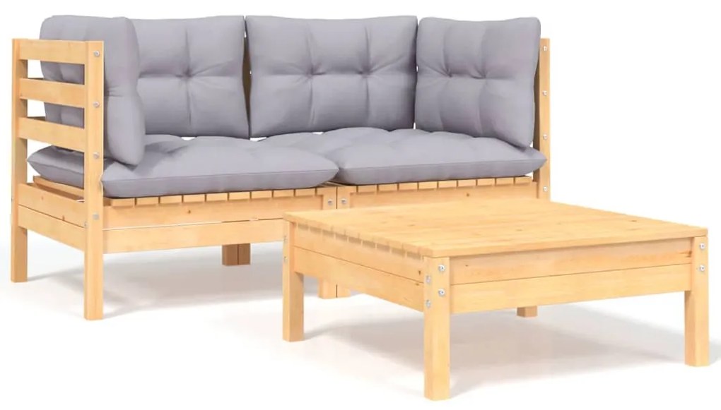 vidaXL 3 pcs conj. lounge jardim c/ almofadões cinzentos pinho maciço