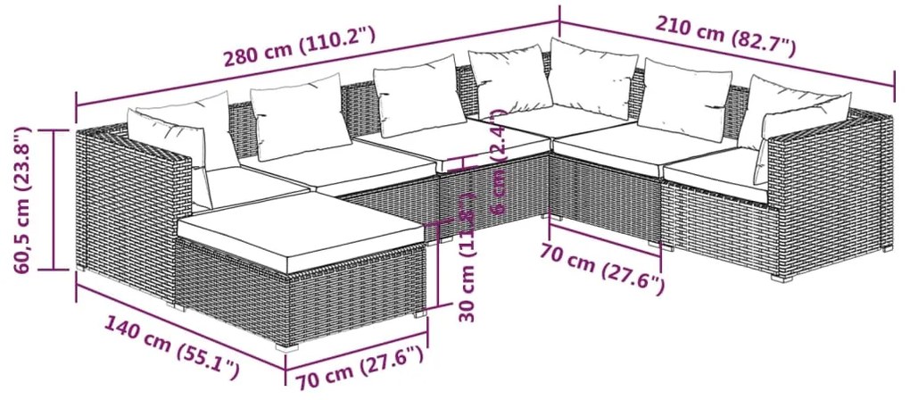 7 pcs conjunto lounge jardim c/ almofadões vime PE castanho