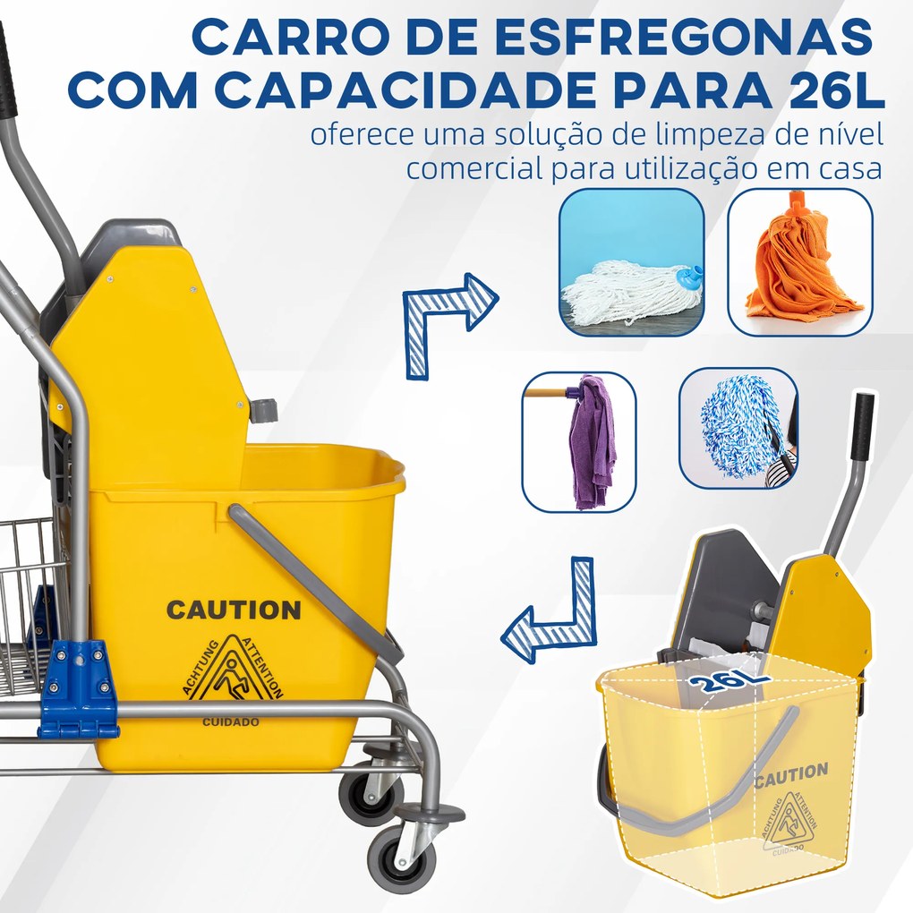 Carro de Limpeza Balde para Esfregona com Escorredor a Pressão Rodas e Cesto de Armazenamento Capacidade 26L 73x45x95 cm Amarelo