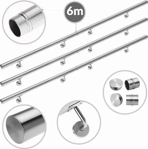 Conjunto de 6 corrimãos em aço inoxidável, Dimensões totais (C x Ø): 600 x 4,2 cm Prateado