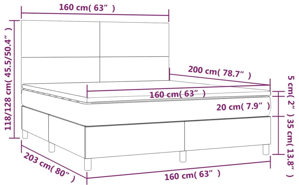 Cama box spring c/ colchão/LED 160x200cm veludo cinzento-escuro