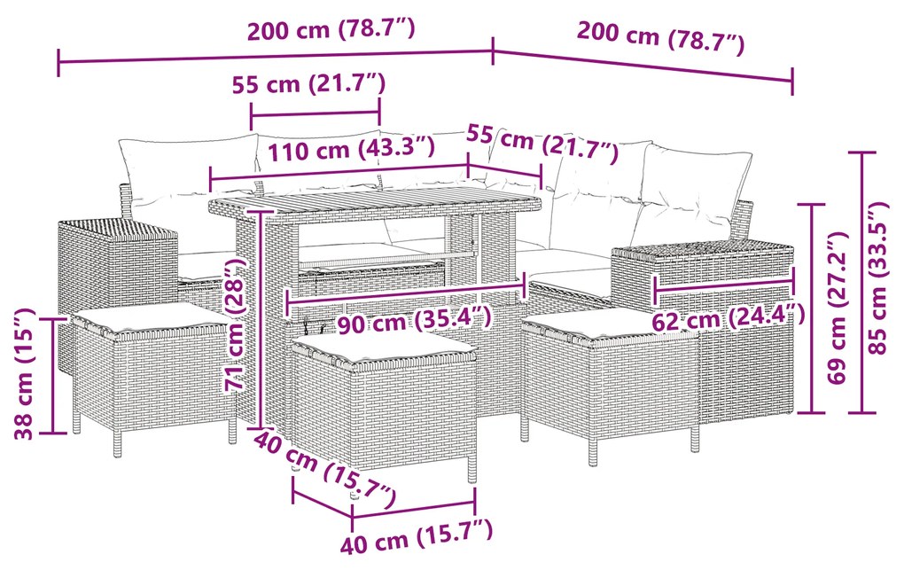 Conjunto de Sofá de Jardim vidaXL 9 Peças com Almofadas Bege Rattan Po