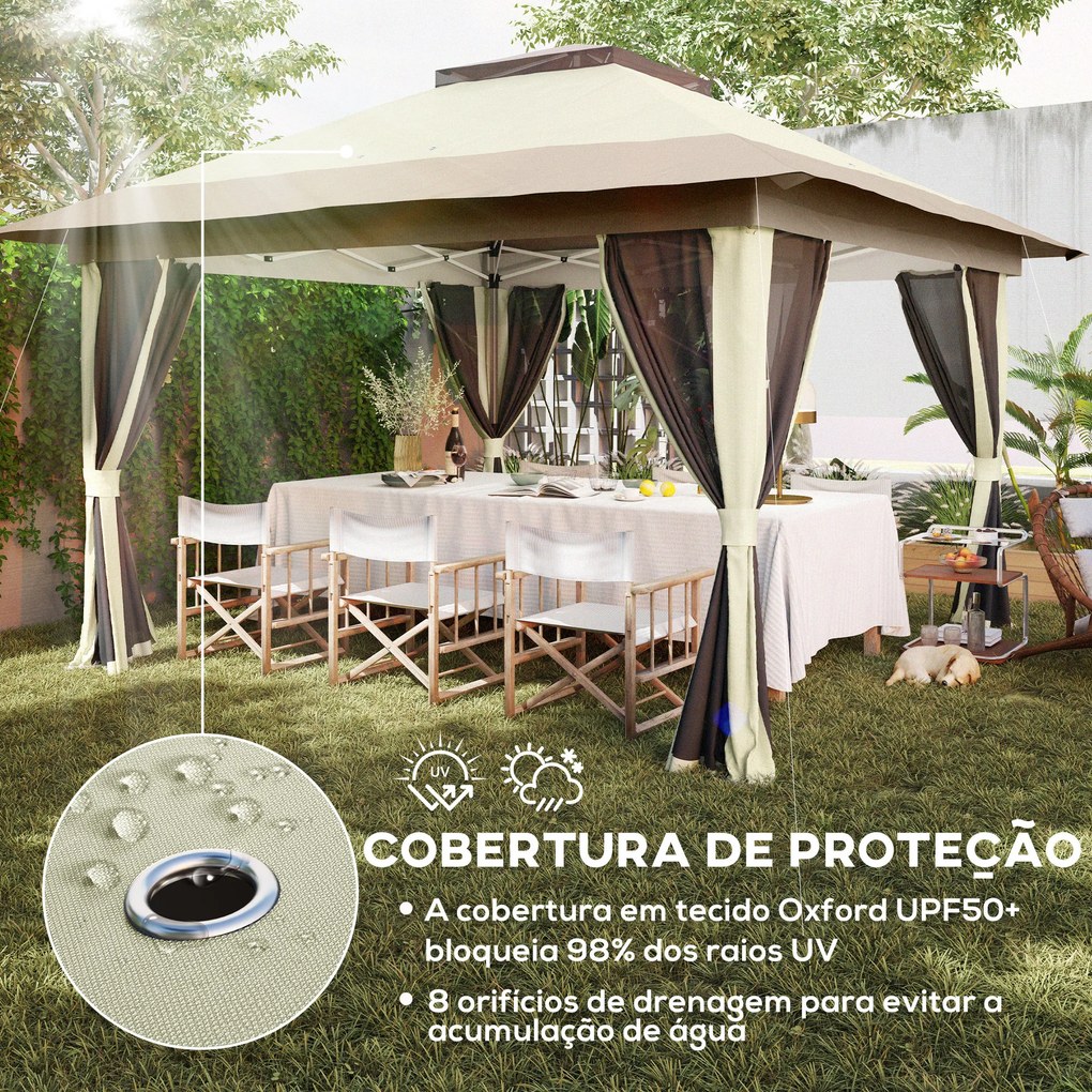 Pérgola Dobrável 356x356x280 cm com 4 Paredes Laterais de Malha Anti-UV Altura Ajustável e Bolsa de Transporte Bege e Castanha