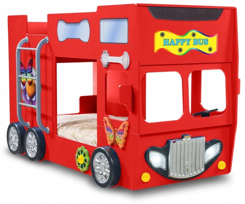 Cama para criança Beliche Autocarro 207 x 116 x 150 cm com Luzes LED 2 colchões e estrados incluídos, capacidade de 100 kg Vermelho