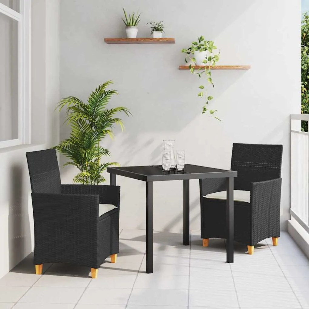 vidaXL Conjunto de Jantar de Jardim de 3 Peças com Almofadas Preto em Rattan e Poliéster