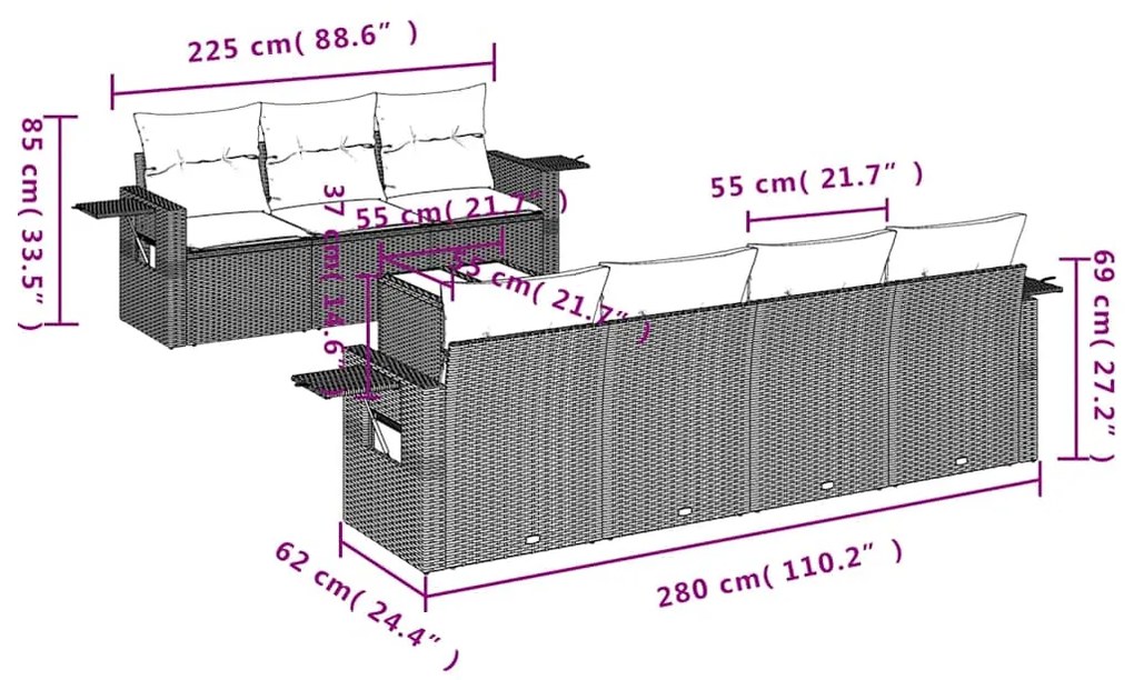 8 pcs conj. sofás jardim c/ almofadões vime PE cinzento-claro