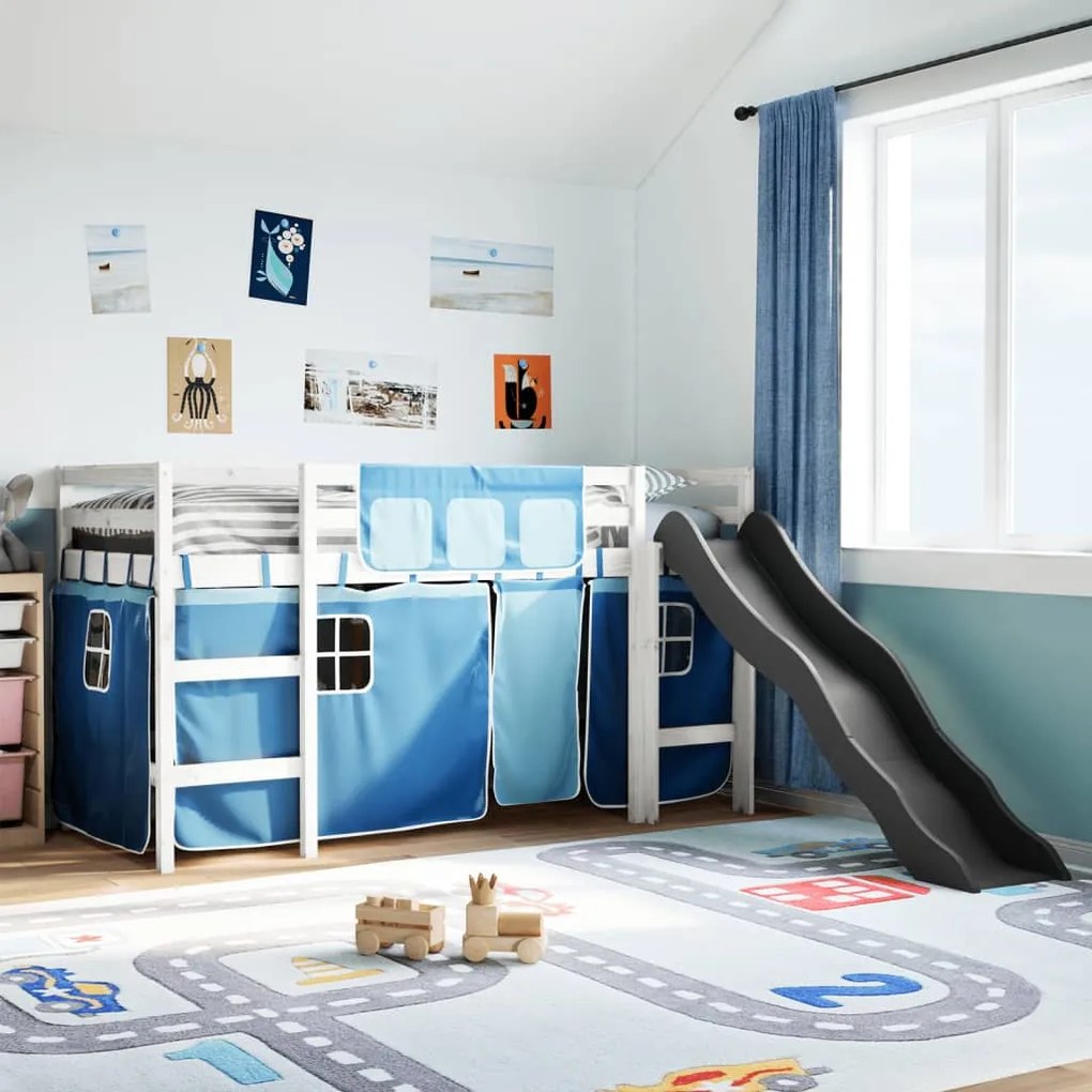 vidaXL Cama alta p/ criança c/ cortinas 80x200 cm pinho maciço azul