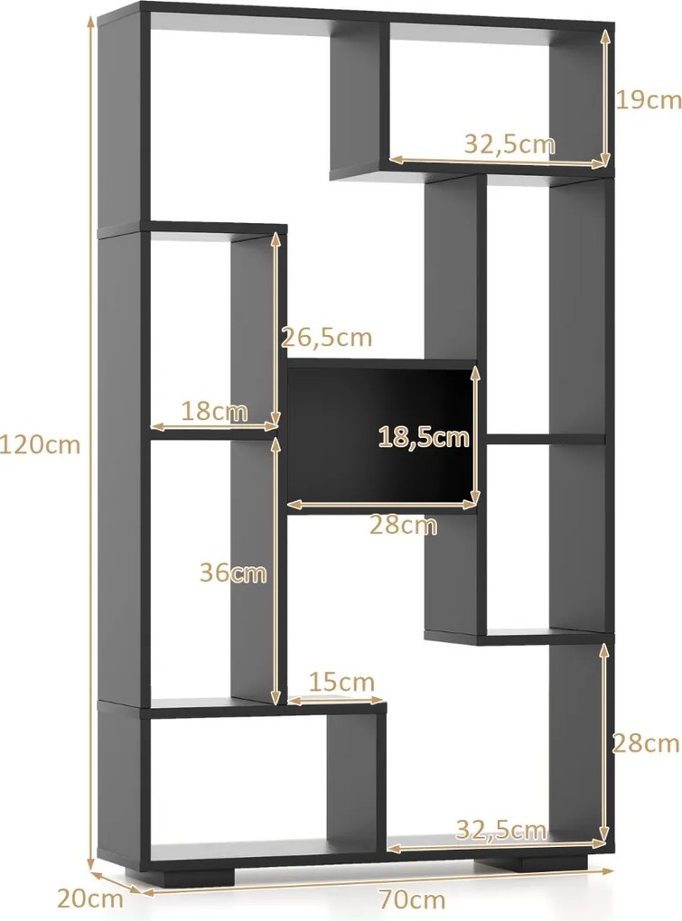 Estante geométrica aberta moderna 70 x 20 x 120 cm para sala de estar e quarto, escritório Preta