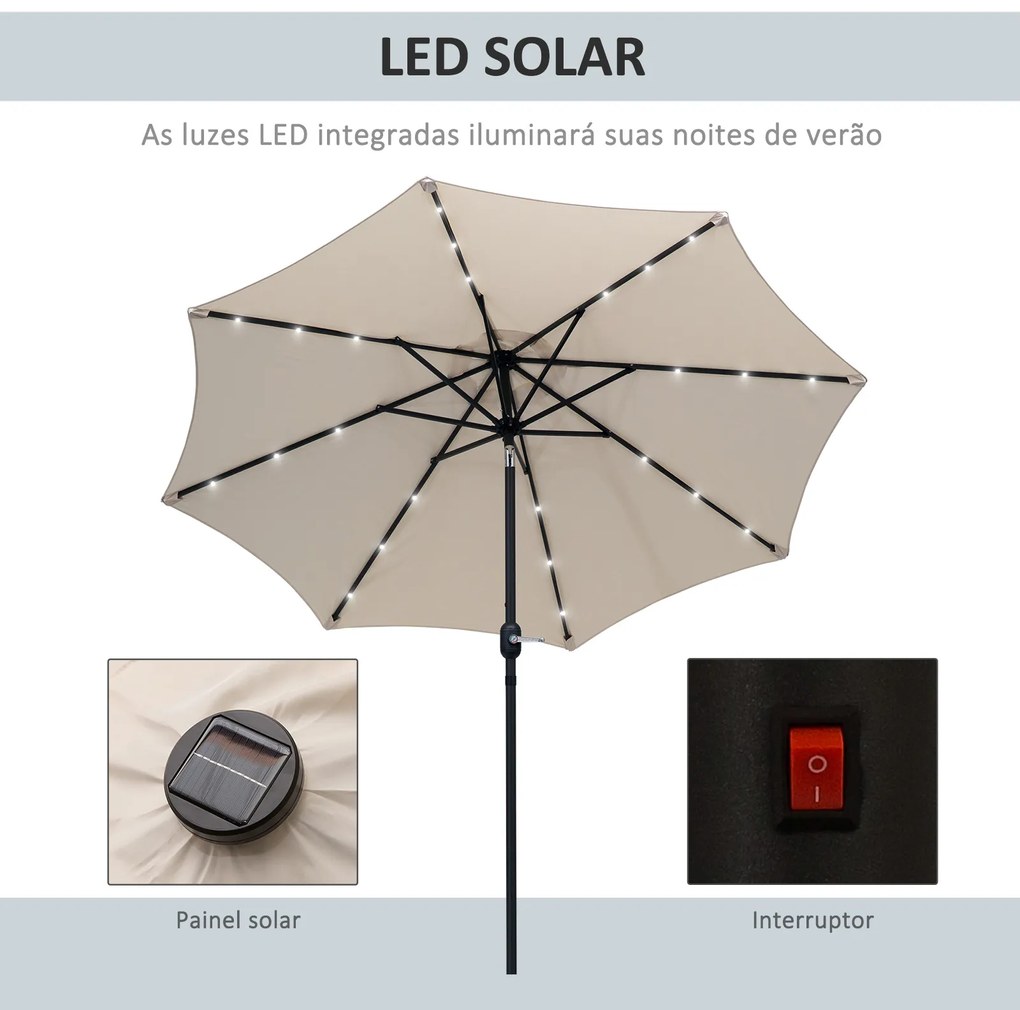 Outsunny Chapéu de Sol de Jardim Ø270x240cm com 24 Luzes LED Solar Mecanismo de Inclinação Manivela e Mastro Desmontável de Metal para Terraço Piscina Pátio Creme