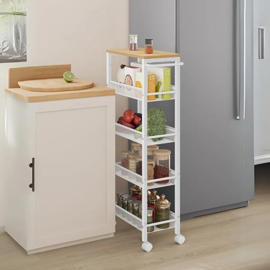 Carrinho cozinha com 5 níveis com rodas 22 x 45,4 x 99,6 cm Branco e cor carvalho