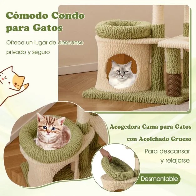 Arranhador para gatos de 97 cm estética multinível com cama verde