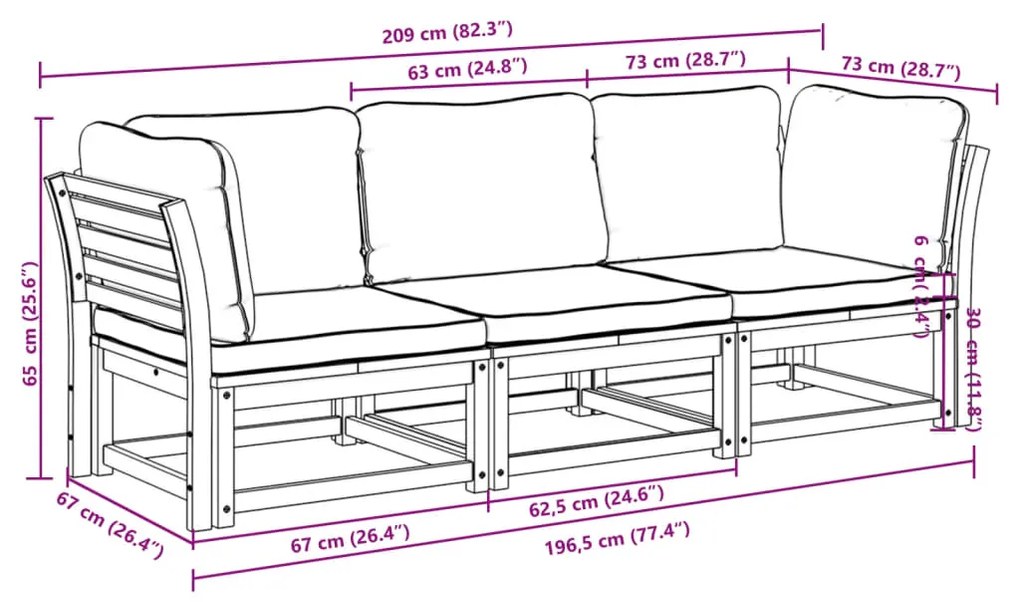 3 pcs conjunto lounge de jardim c/ almofadões acácia maciça