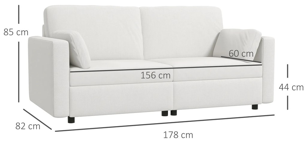 Sofá de 3 Lugares Sofá Sala de Estar Estofado em Poliéster com 2 Almofadas Acolchoadas 178x82x85 cm Creme