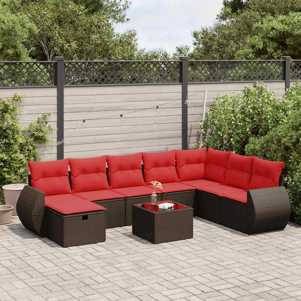 9 pcs conjunto sofás p/ jardim c/ almofadões vime PE castanho