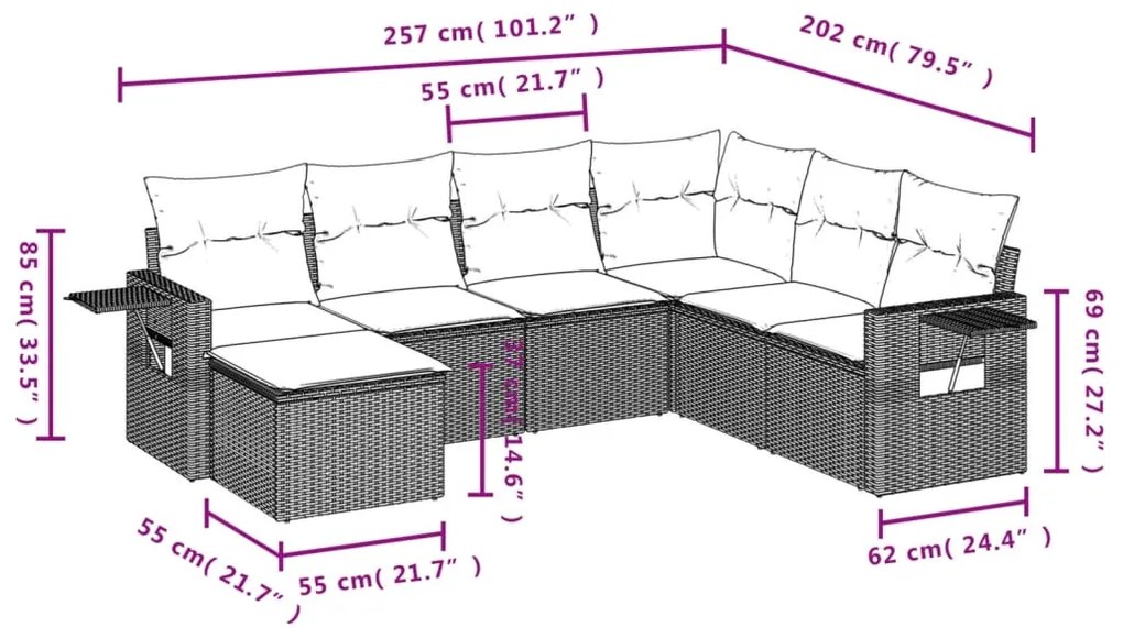 7 pcs conjunto de sofás p/ jardim com almofadões vime PE bege