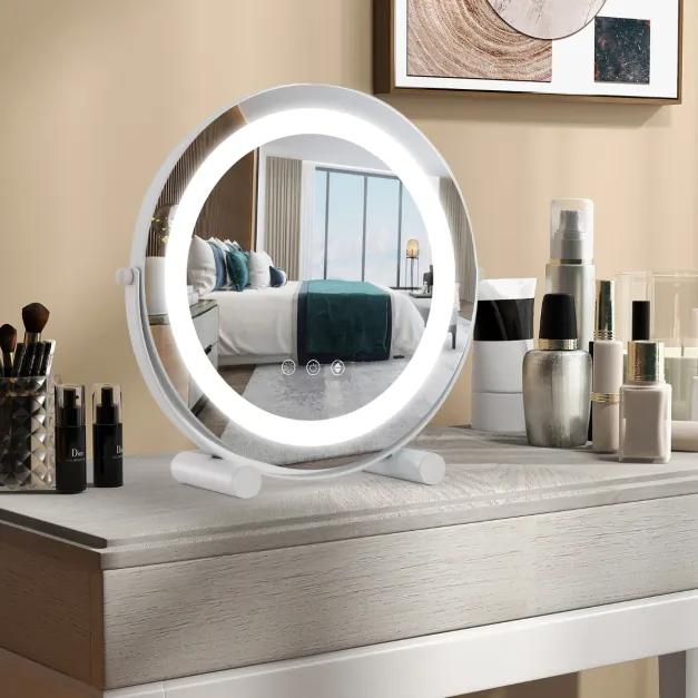 Espelho de maquilhagem LED de 30 cm com luz 3 cores ajustáveis, função de memória e ecrã tátil Espelho redondo para casa de banho e WC Branco