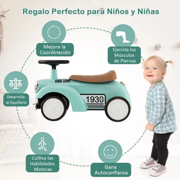 Andarilho de brincar carro retro para crianças, sem pedais, com arrumação e rodas em EVA Verde