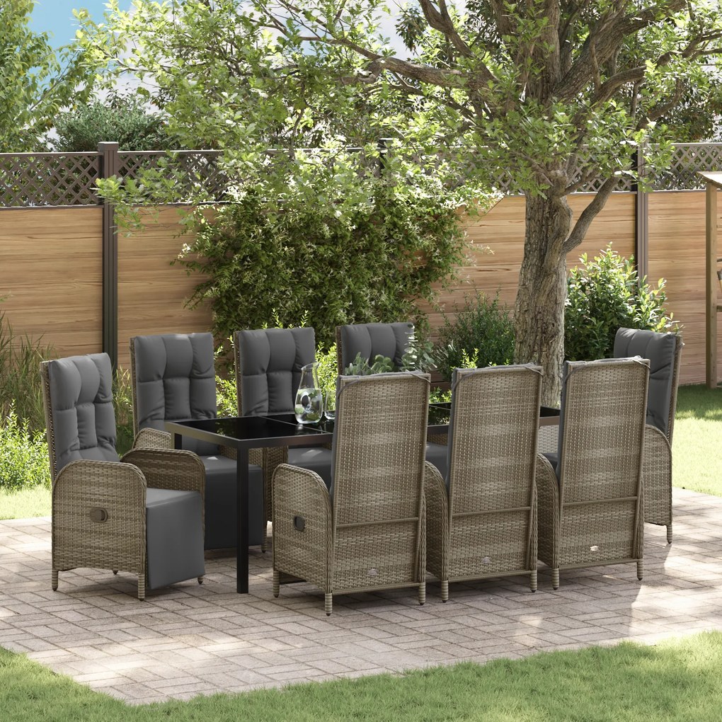 vidaXL Conjunto de Jantar de Jardim de 9 Peças com Almofadas Cinza Vime PE