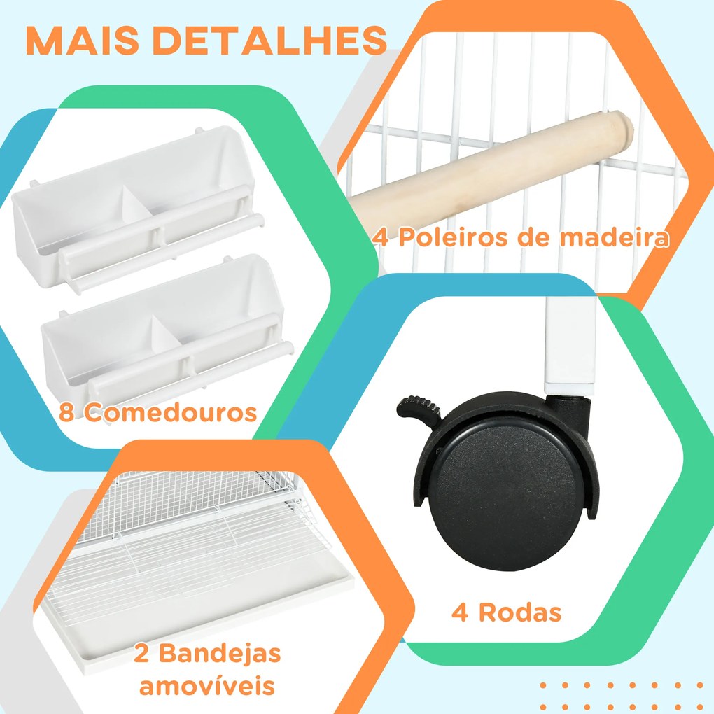 Gaiola para Pássaros 2 em 1 com 2 Andares Rodas 4 Comedouros 4 Poleiros e Bandejas Amovíveis 78x75x168 cm Branco