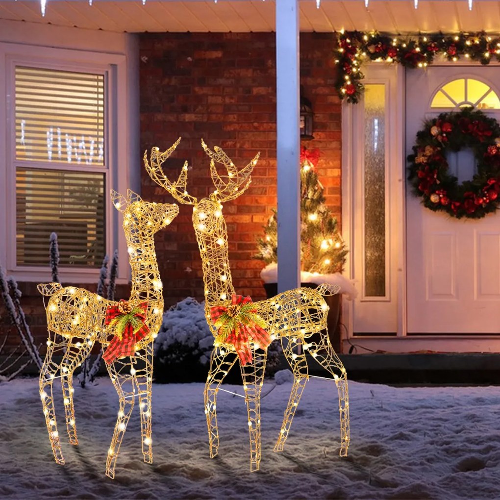 Decoração de Natal pré-iluminada com 2 Renas iluminados e 200 luzes LED para festas em casa