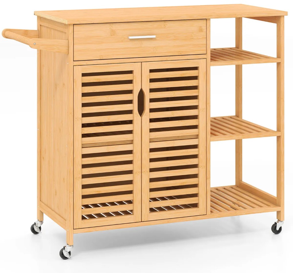 Carrinho de cozinha 104 x 40 x 89 cm com ilha de 90 cm com rodas em bambu Gaveta Prateleiras Natural