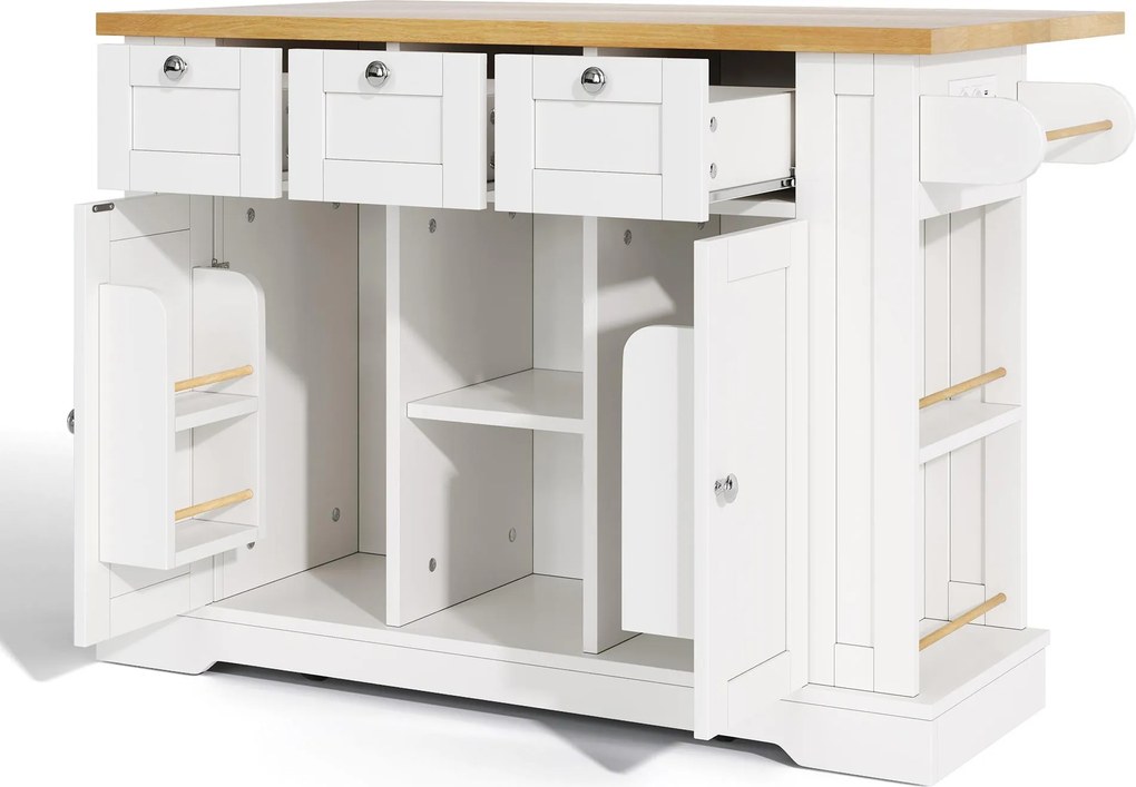 Ilha de cozinha móvel com tampo dobrável, três gavetas e dois compartimentos de armário, 132x40/70x87 cm, Branco| AOSOM Portugal