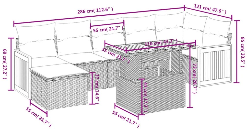 8 pcs conjunto sofás de jardim c/ almofadões vime PE cinzento