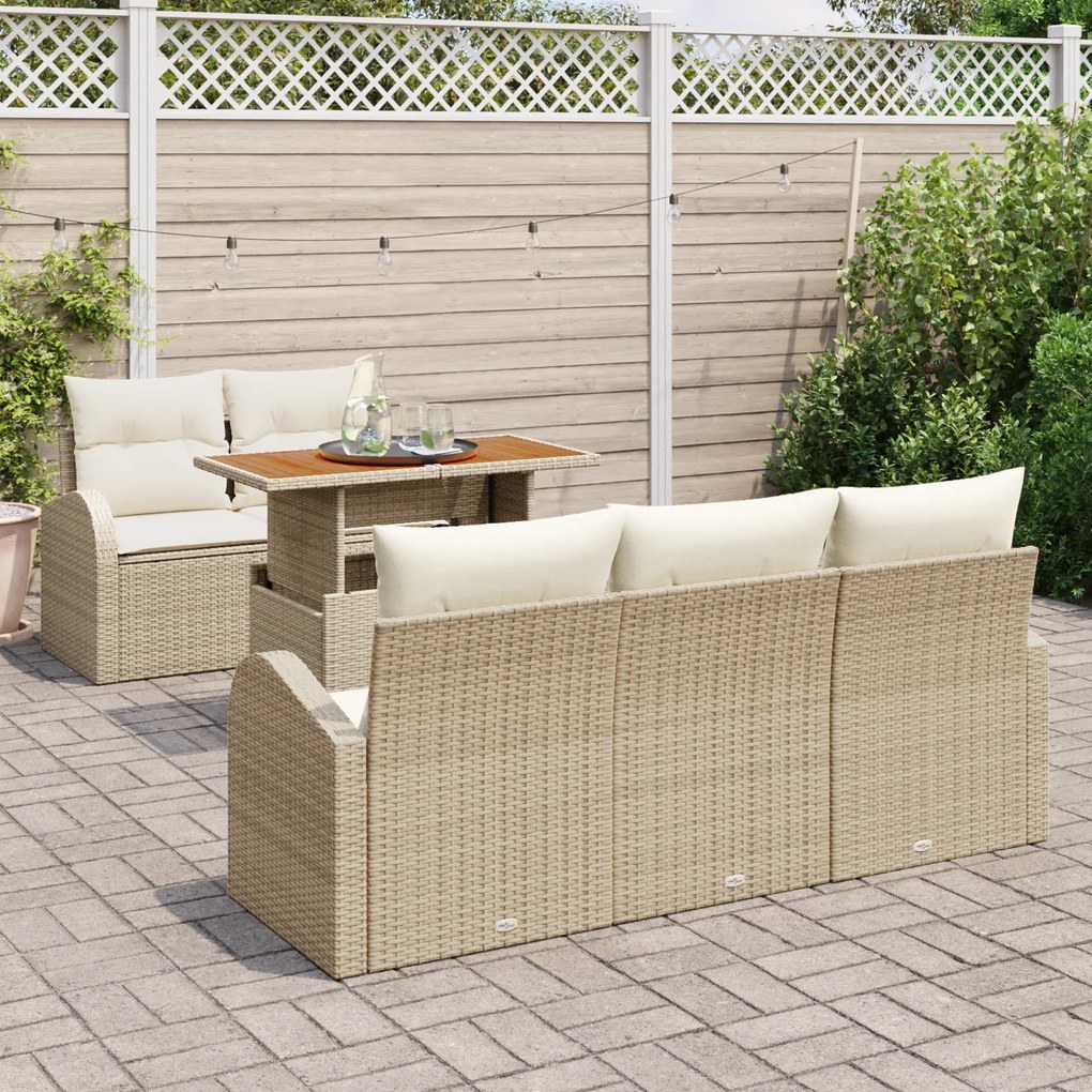 Conjunto de Sofá de Jardim de 6 Peças com Almofadas Bege Rattan Poli