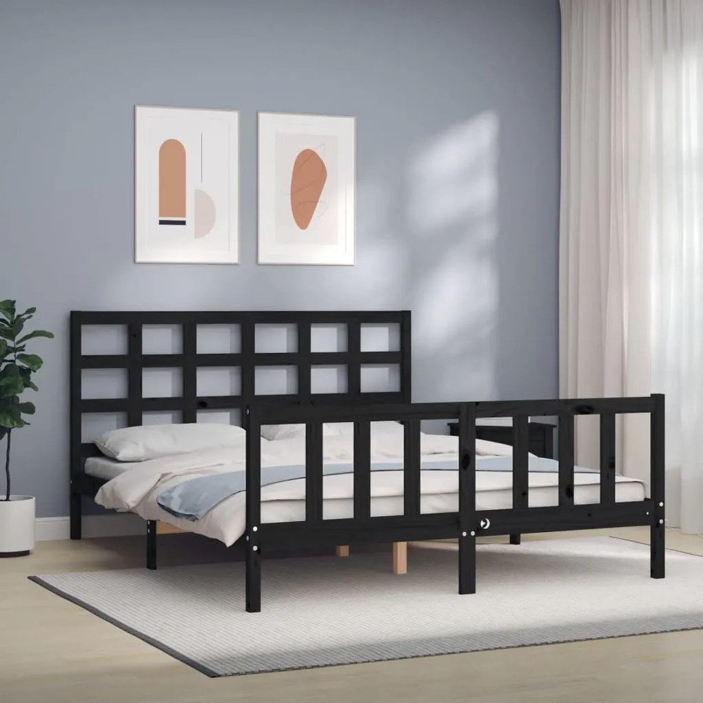 Estrutura de cama com cabeceira 160x200 cm madeira maciça preto