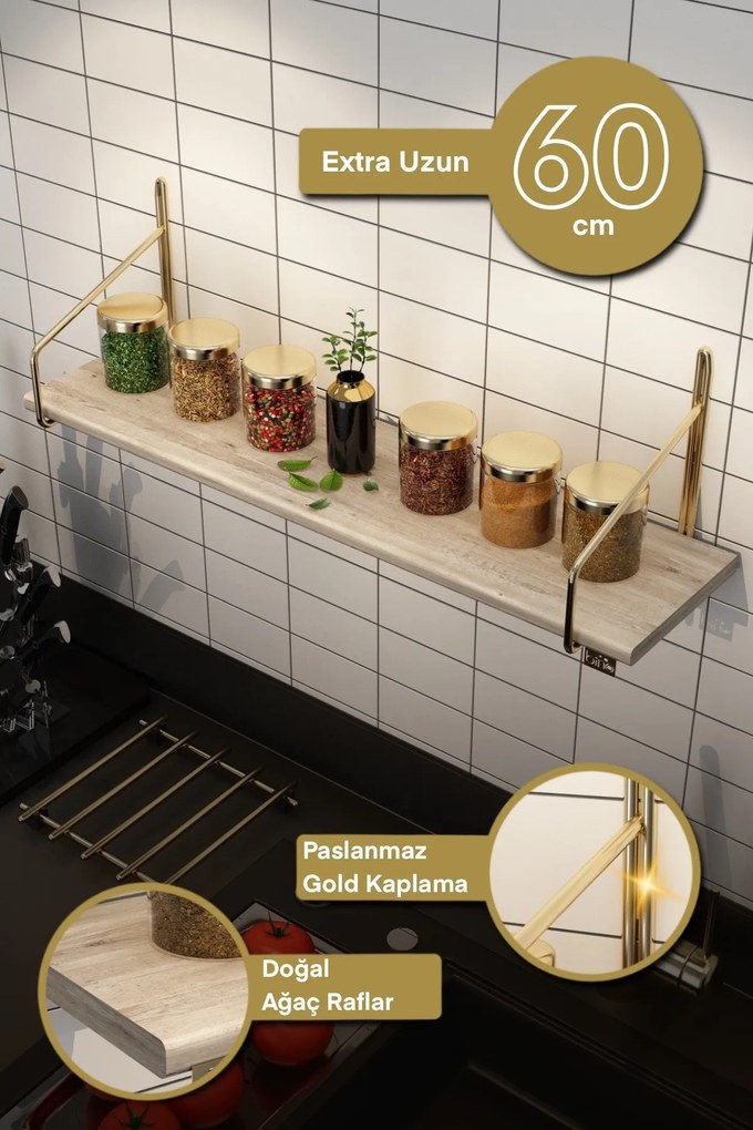 Prateleira de Parede Duvar Rafı 60 cm Extra – Dourado Castanho – 15x15