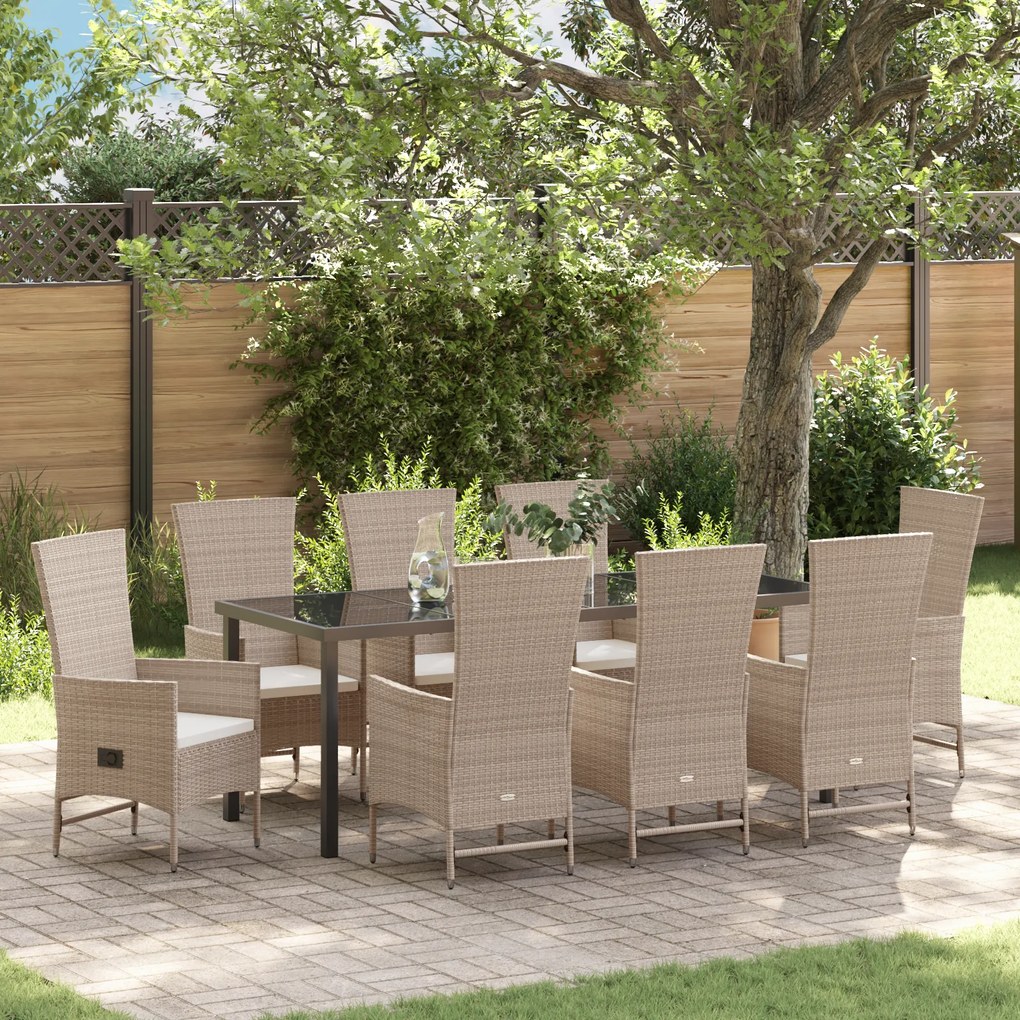 vidaXL Conjunto de Jantar de Jardim 9 Peças com Almofadas Bege Vime PE