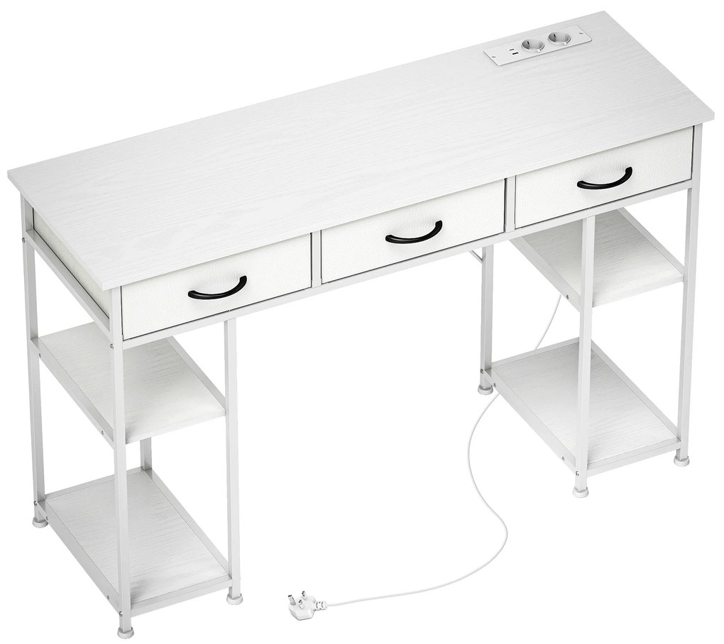 HOMCOM Mesa com Armazenamento com Tomadas Elétricas 3 Gavetas de Tecido e 4 Prateleiras de Armazenamento 120x40x76 cm Branco | Aosom Portugal