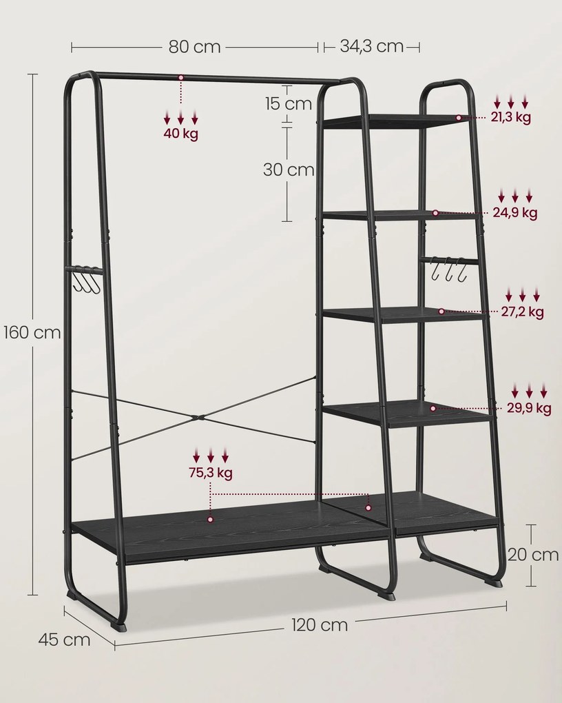 Guarda roupa aberto com prateleiras e com 6 ganchos 45 x 120 x 160 cm Preto