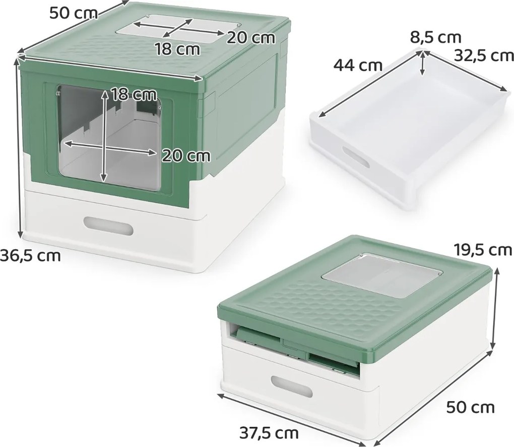 Caixa de areia dobrável 50 x 37,5 x 36,5 cm com tampa fechada, entrada frontal e saída rebatível, bandeja portátil para gatos até 10 kg Verde