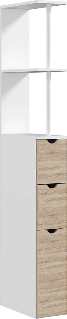 Coluna de Casa de Banho Moderna Auxiliar com 2 Prateleiras, 2 Gavetas e 1 Porta Antiviragem 15x33x136,8 cm Madeira Natural