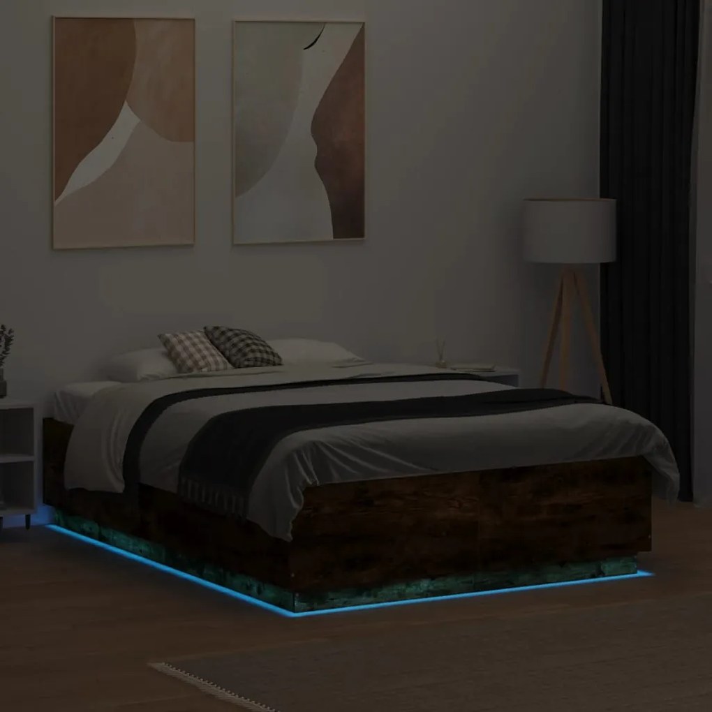 Estrutura cama c/ luzes LED derivados madeira carvalho fumado