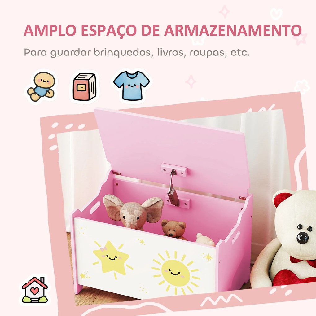 Baú Brinquedos Infantil 53 L Caixa de Arrumação Brinquedos com Tampa Rebatível e Pistão a Gás 60x37x39 cm Rosa